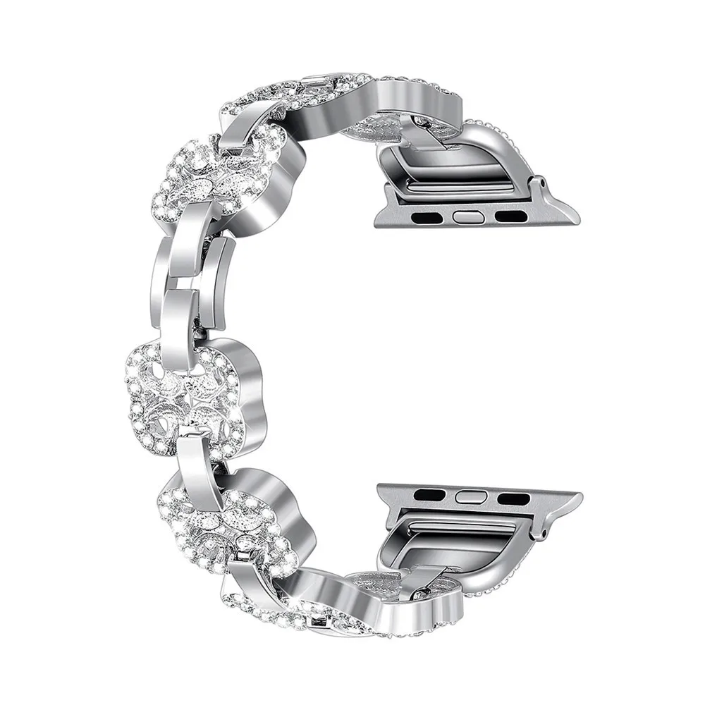 

For Apple Watch Band Series 5 4 3 2 1 Trend Fine Honorable Diamond Four-leaf Clover Stainless Steel Women Wristband Strap