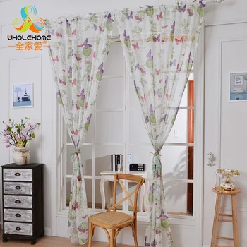 

Window Curtain Butterfly Printed Pattern Linen&Cotton Fabric Tulle Transparent Sheer For Home Living Room Screening 1PCS/Lot