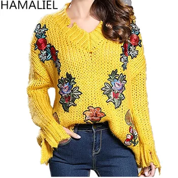 

HAMALIEL Yellow Embroidery Flower Loose Women Tearing Cashmere Sweater 2018 Autumn Long Sleeve Knitting V Neck Casual Pullover