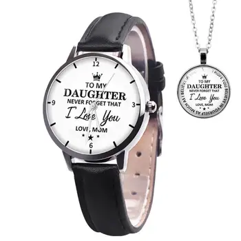 

2pcs/set Leather Band Watch Pendant Necklace Women Analog Quartz Watches