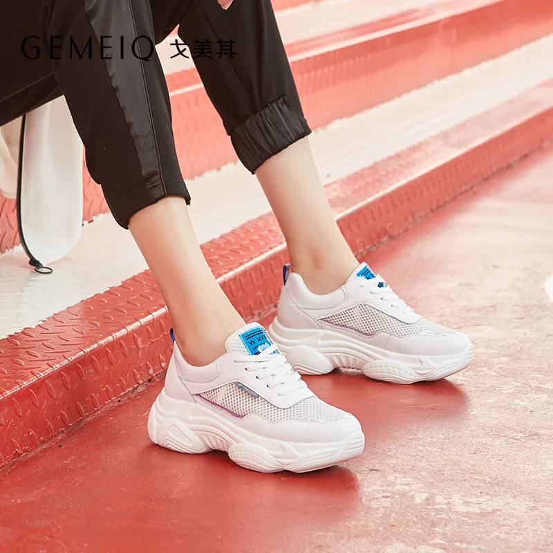 

GEMEIQ Women's Shoes casual sport Fashion Sneaker Platform Stretch Fabric Ladies Shoes Mesh Lace-up High Quality