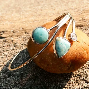 

Fine 925 Sterling Silver Natural Larimar Gemstone Silver Bangles Woman Girl's Lovely Bracelet Beads Bangle Birthday Jewelry Gift