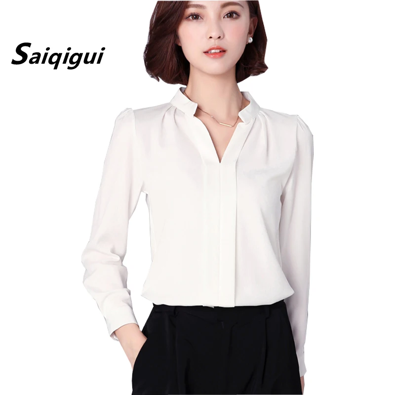 Saiqigui Blusa primavera otoño nuevo Womens elegante Oficina camisa Ropa Mujer manga larga de gasa blusas