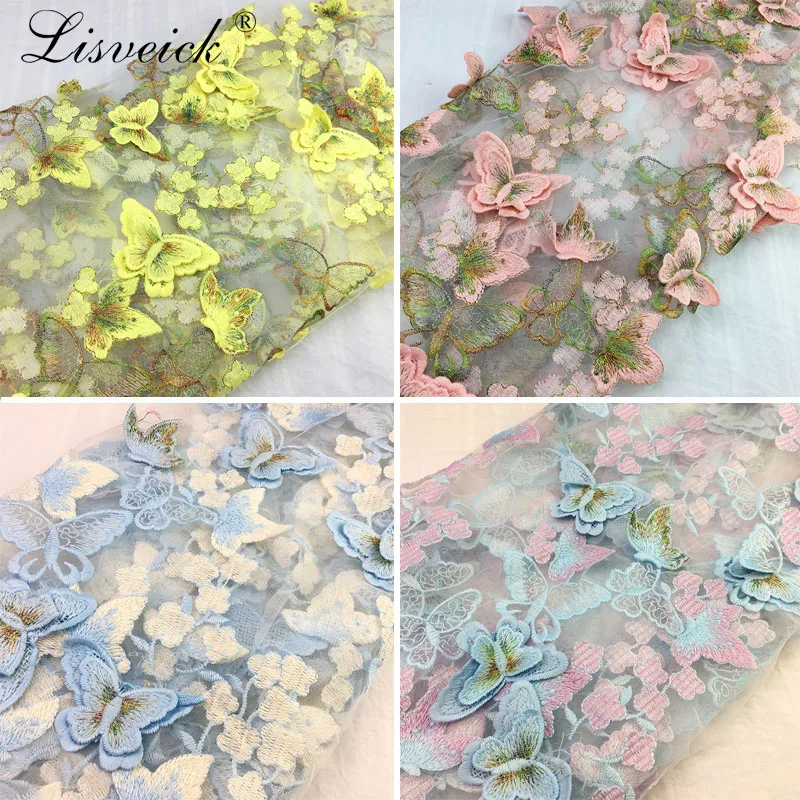 

1y Exquisite 3D Butterfly Embroidery Lace Fabric Multicolor Gold Thread Bridal Gown Wedding Fabrics Tulle Cloth DIY Dress 1336