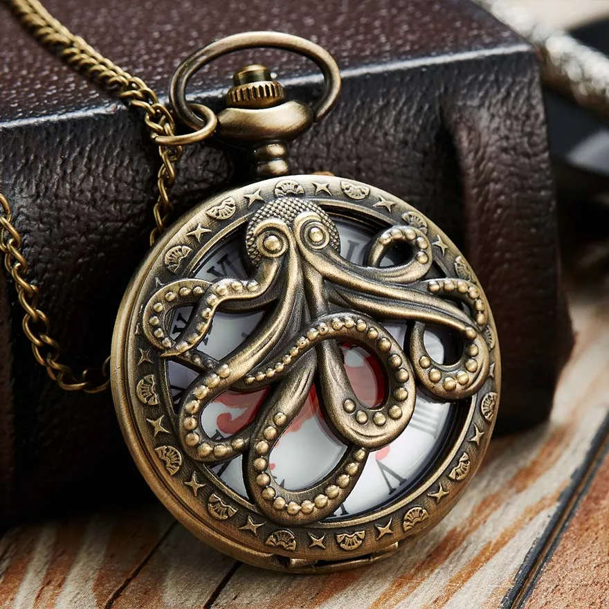 Octopus Pocket Watch Карманные часы для мужчин и женщин, бронзовые, с лазерной гравировкой осьминога, флип-чехол, ретро брелок, часы с цепочкой, кварцевые, ожерелье, кулон, мужские часы - Цвет: Octopus Pocket Watch
