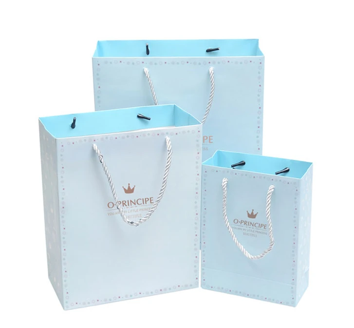 

Hot-stamping Papercard Gift Paper Bags Blue Prince 33x26x10cm 26x21x11cm 20x15x7cm Packing Pounchs with Satin Three-ply Twine
