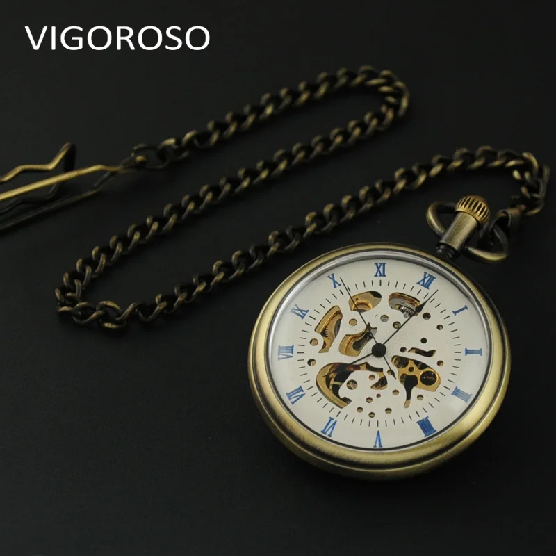 VIGOROSO 빈티지 기계식 주머니 시계 해골 청동 강철 Handwind Fob 체인 시계 남성 여성 선물
