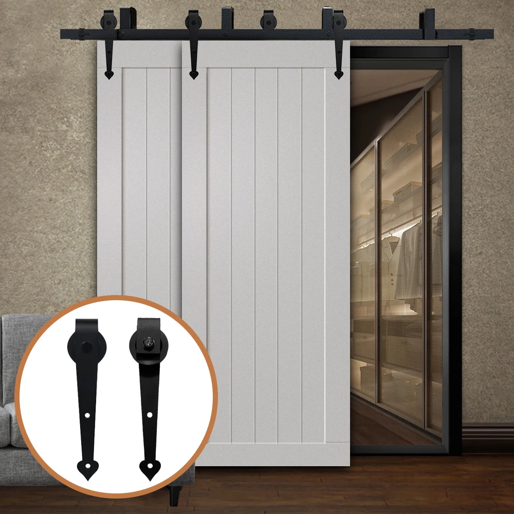 

LWZH Sliding Wood Door Bypass Sliding Barn Door Hardware Kit Black Steel Heart Shaped Track Rollers for Interior Double Door