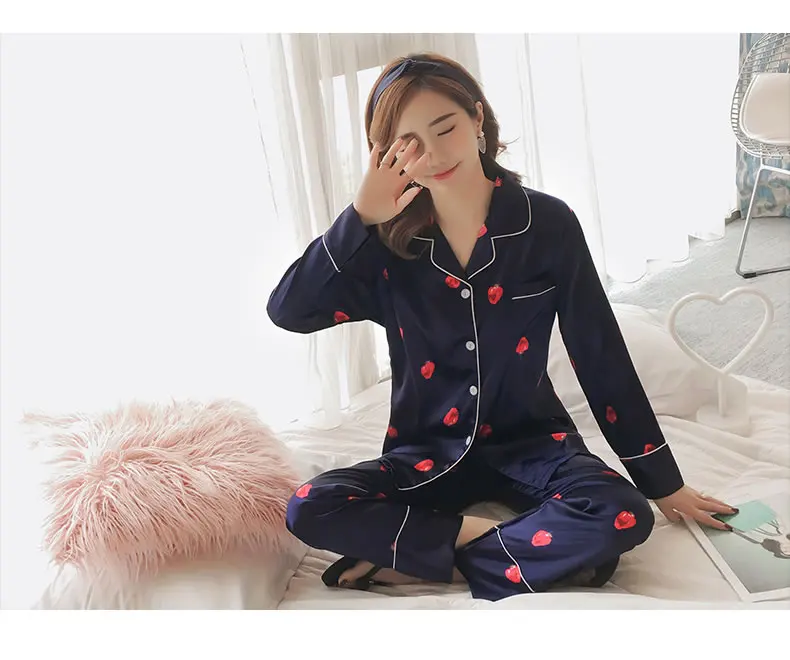Модные женские шелковые пижамы, пижамный комплект с длинными рукавами, пижама, Пижамный костюм, комплект из двух предметов для сна