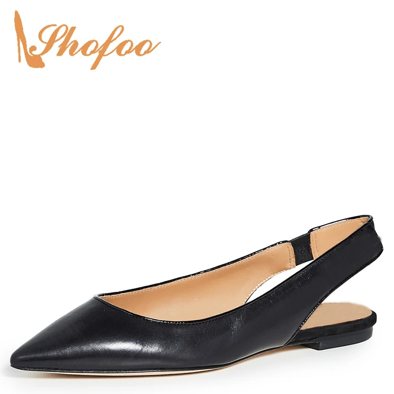 

Black Pointed Toe Flat Slingbacks Woman Elastic Bnad Large Size 11 12 Soft Leather For Ladies Summer Footwear Fashion Holidays