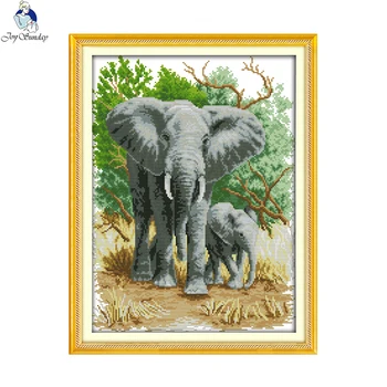 

Joy sunday animal style The elephant mother and son cross stitch embroidery kit 14ct and 11ct stamped fabric for easy needlework