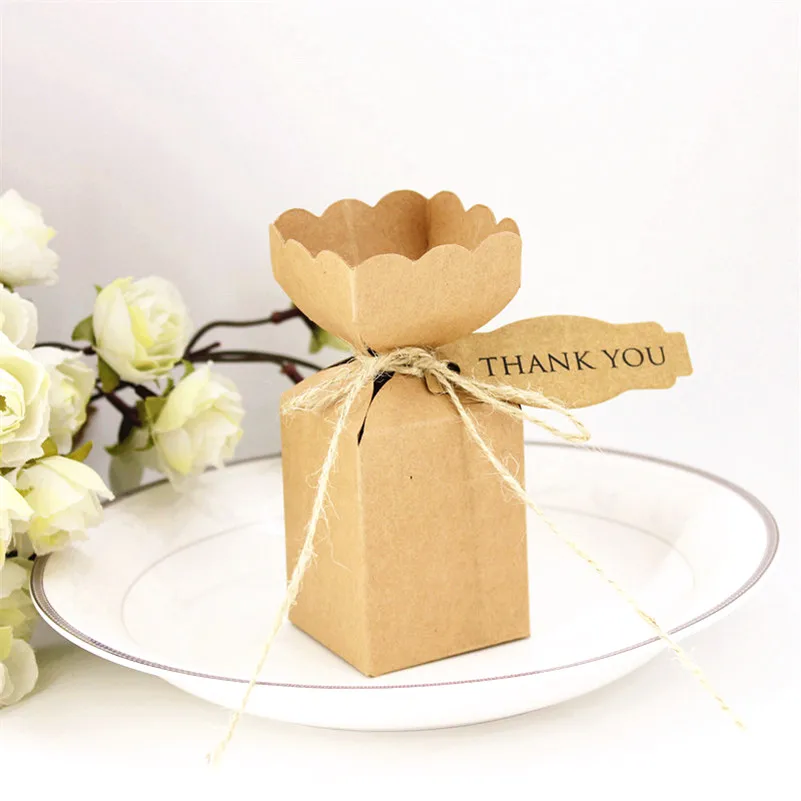 50Pcs/lot Kraft Paper Small Flower Favor Boxes with Rope and Cards