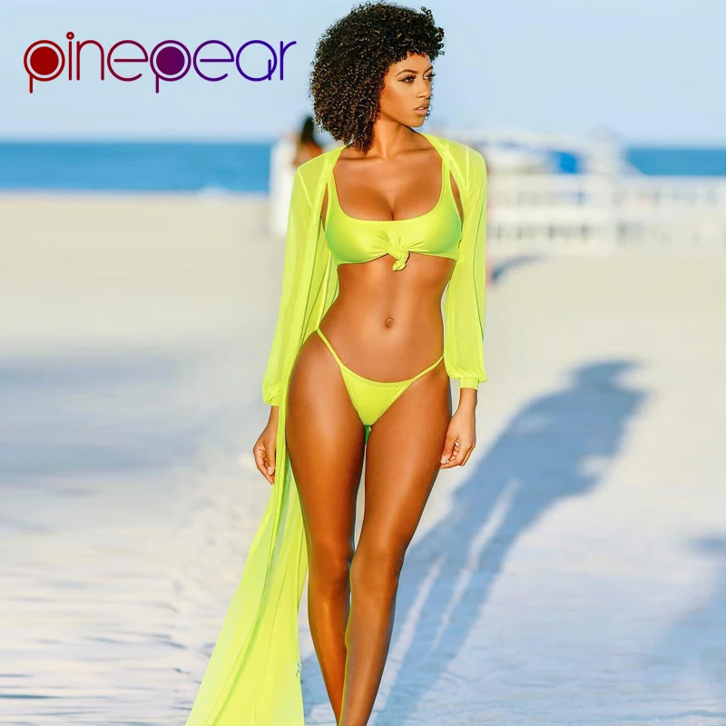 

PinePear Yellow Tie Knot Bra + Low Waist Thongs + Cover Up 3 Piece Set Swimsuit 2019 Women Swimming Suit Beachwear Dropshipping