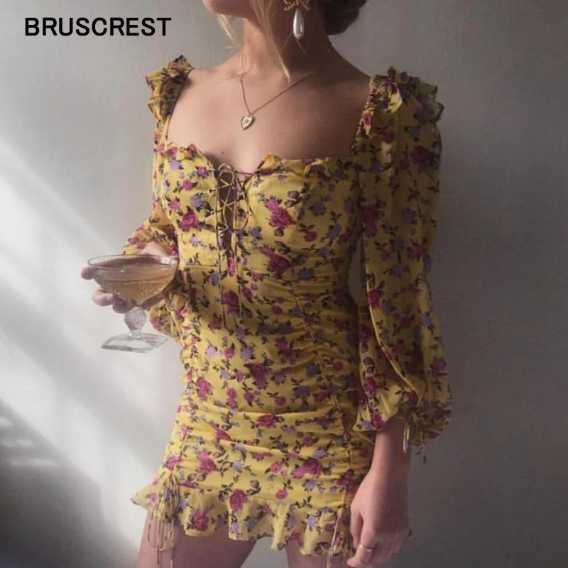 

Summer dress 2019 boho yellow floral mini dress women beach dress vintage sexy ruffle chiffon party dress casual korean vestidos