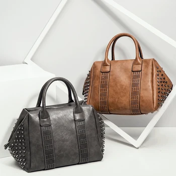 

Vintage Punk Rivet Tote Shoulder Bag for Women 2019 Large Top-handle Ladies Handbag Leather Hollow Out Female Hand Bags bolsas