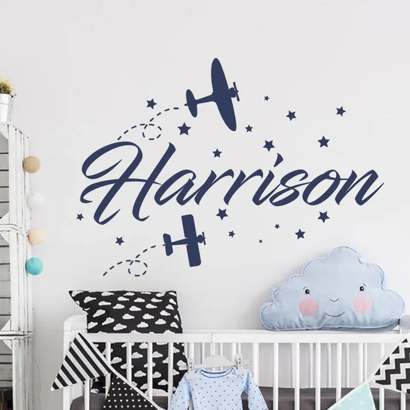 

Personalized Name Catoon Airplane Star Wall Sticker Vinyl Home Decor Nursery Boys Room Decals Custom Name Interior Murals NR46