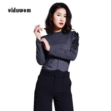 Милая футболка с аппликацией сбоку серая Повседневная футболка для женщин с длинным рукавом и круглым вырезом женские футболки