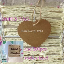Wholesale Free Shipping Heart Design kraft Hang Tag Swing Tag For Gift Note Hand Made Tag With Hand Made Sticker Label