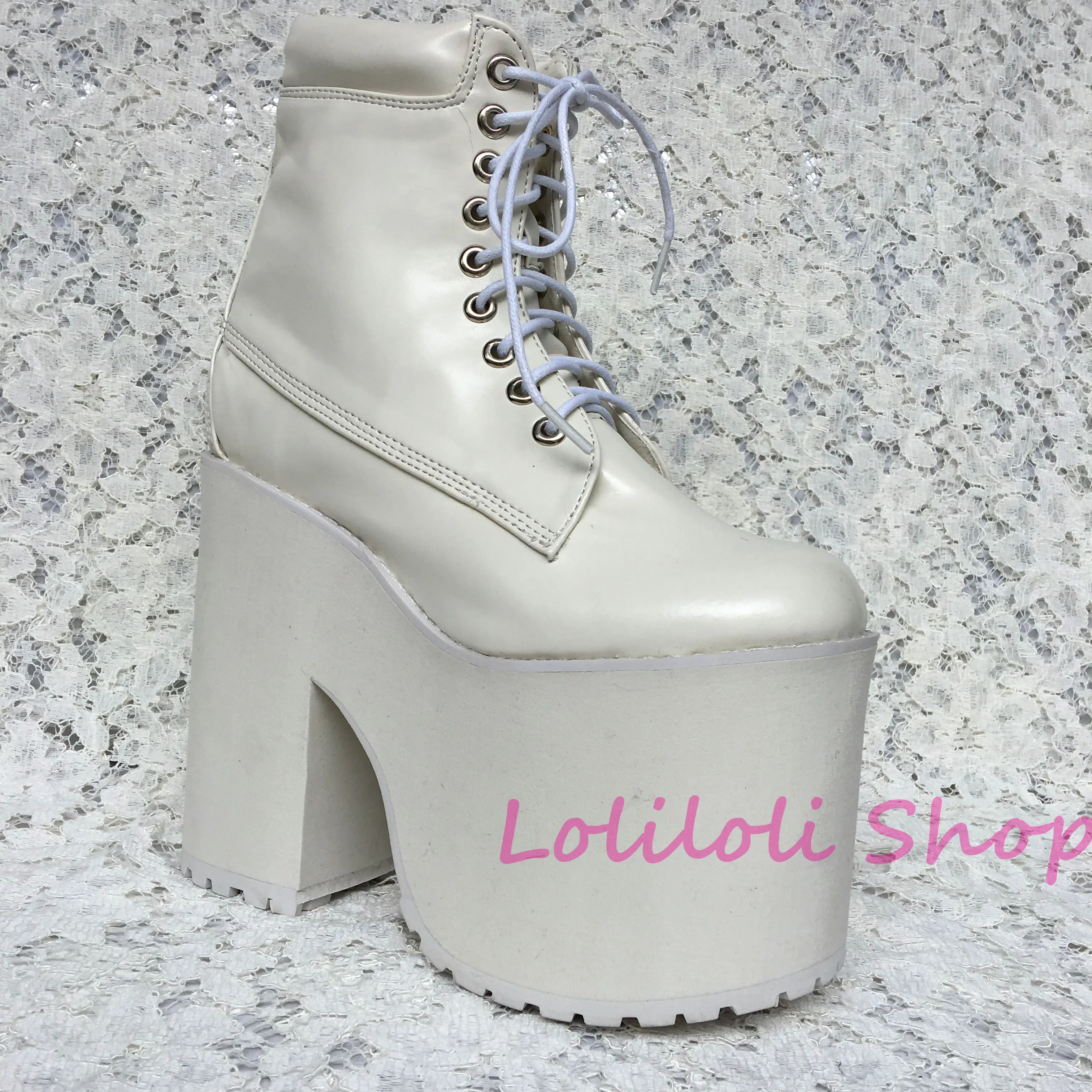 Personalizado blanco Tacón Lolita Botas Dulce Brillante 5195n Cruz Japonés Piel Lolilloliyoyo Cordón Grueso Blanco Zapatos Multiple Antaina Diseño Princesa U06nW6