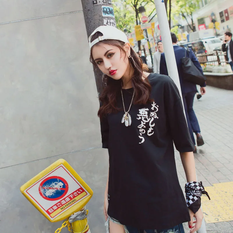

Women Hip Hop t shirt Women Tees Fashion Kanji Print Summer T-Shirt 2017 Tees Shirts US Size XS-XL