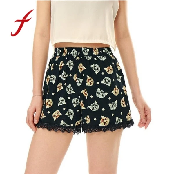 

Feitong Summer Women High Waist Shorts 2017 Fashion Boho Elastic Waist Tassels Cat Head Print Beach Casual Mini Short Feminino