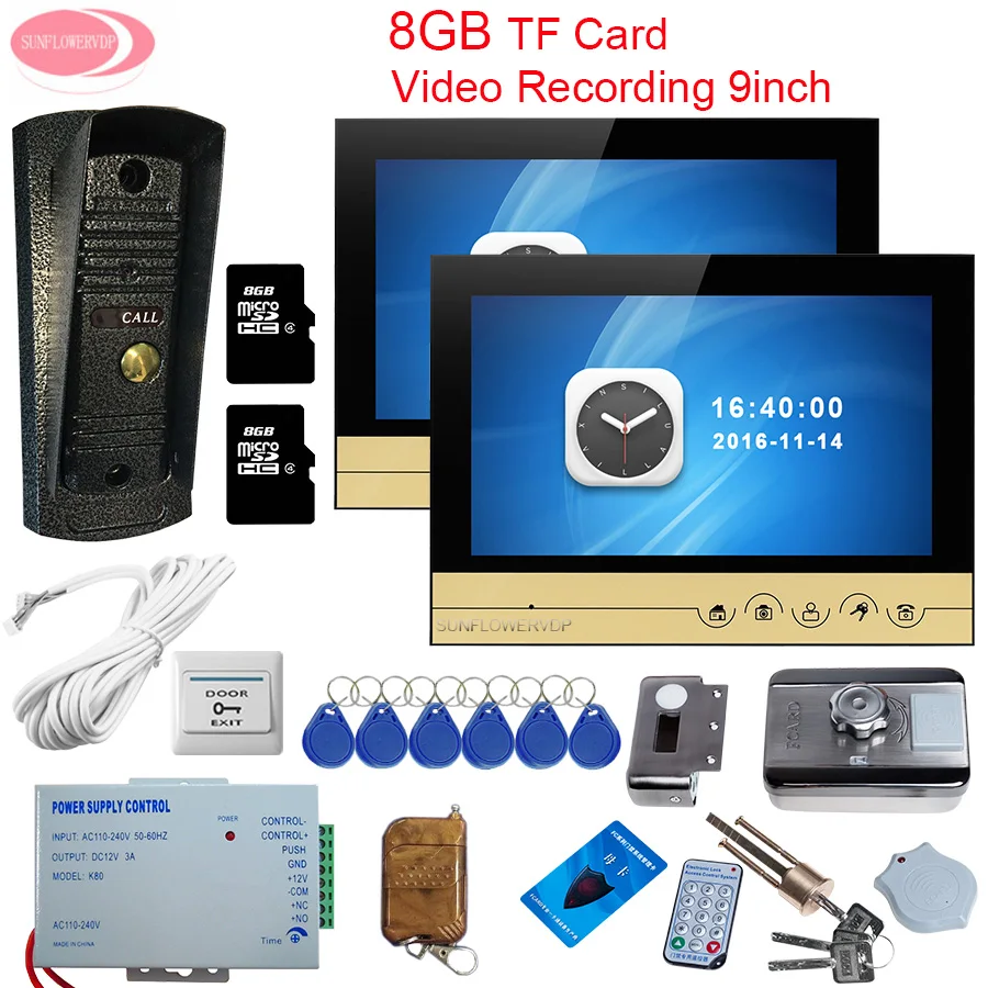

Video Door Phone 2 Monitors Intercom 9" Doorbell With Night Vision Metal Waterproof Camera Videophone Rfid Cards Electronic Lock
