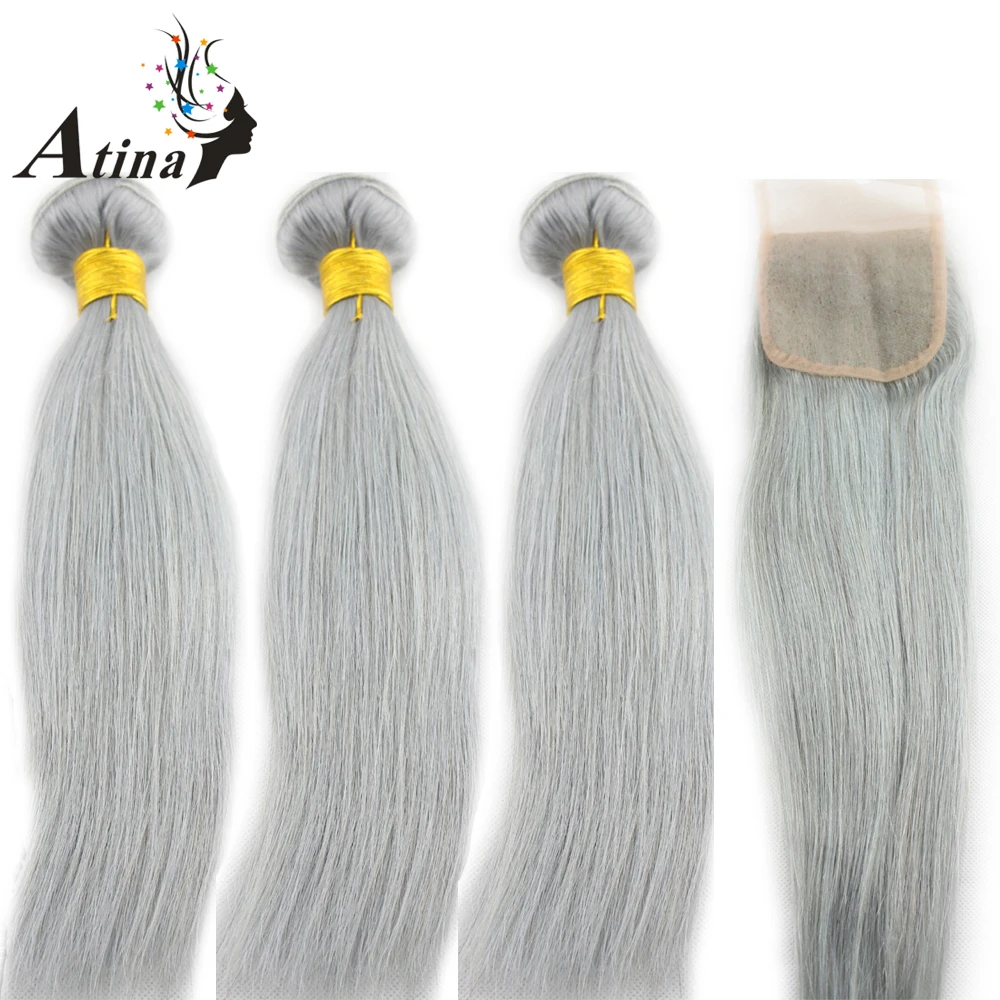 

Grey Lace Closure with Bundles Brazilian Straight Human Hair Weave 3 Bundles with Closure Remy Hair Atina Grey Hair Extensions