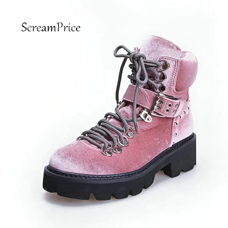 

Women Suede Rivet Comfort Square Heel Martin Boots Fashion Lace Up Round Toe With Buckle Fall Winter Ankle Boots Black Pink
