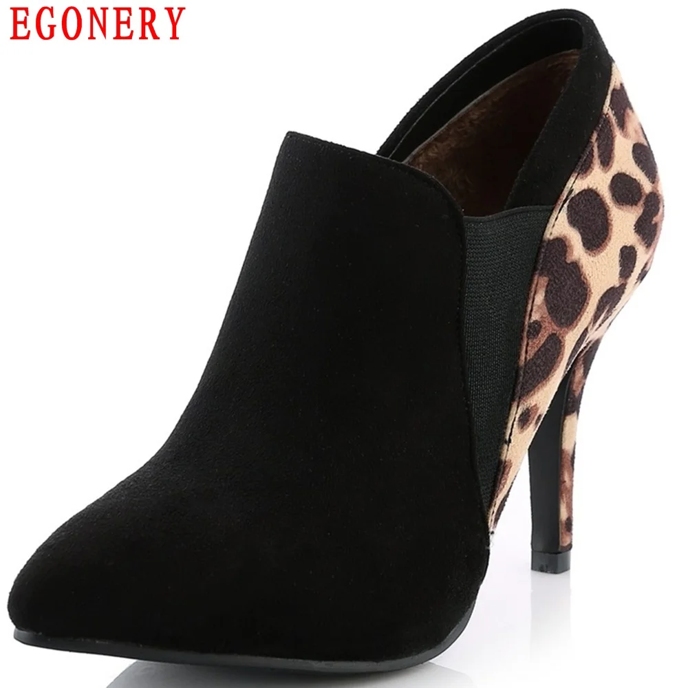 

EGONERY Autumn Leopard Print Suede Nubuck Woemns Ankle Shoes Slip On Pointed Toe Thin High Heels Stiletto Pumps Plus Size