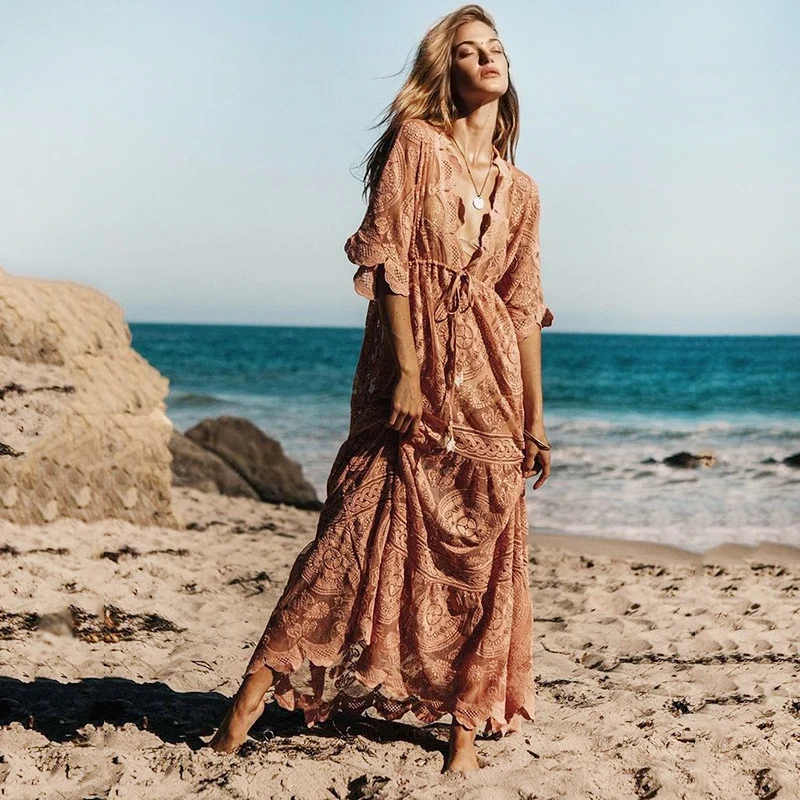 

2019 Sexy Cover up Crochet Lace Beach Wrap Dress For Women Kaftan Girl Pink Lace Tunic Beach Sarong Plage Robe Long Dress