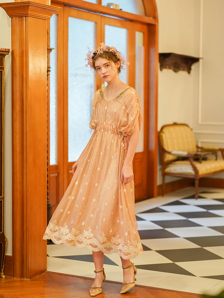 Линетт китайский стиль весна лето дизайн для женщин изысканная вышивка французский Мори девушки Винтаж розовый v-образный вырез платья