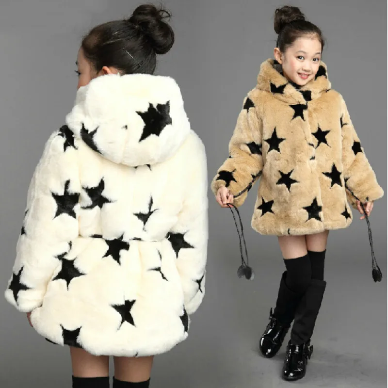 

Children's Faux Fur Coat Russian Winter Outerwear Thickening Hooded Star Pattern Girls Fur Coat Rabbit Fur Princess Fur Jacket