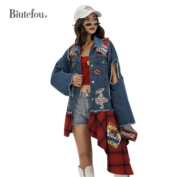 

2020 Spring denim epaulet patch designs long jackets fashion hloe embroidery irregular coats