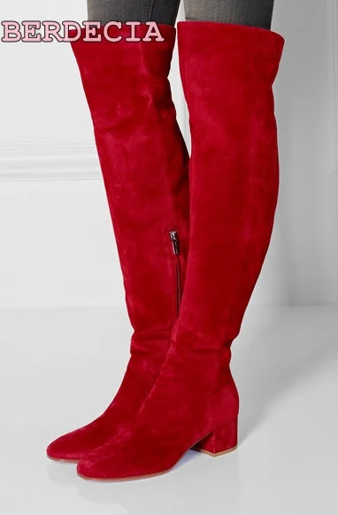 

Ladies new fashion red suede over-the-knee long boots square heel shoes high heel half zipper thigh high night-club shoes