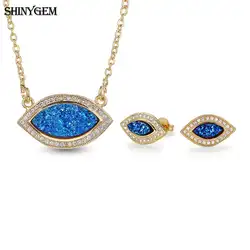 ShinyGem Ocean Blue Druzy сглаза ювелирные наборы большой камень глаз Цепочки и ожерелья серьги Природный кристалл ювелирных камней наборы для Для