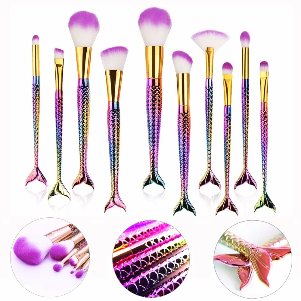 

FOEONCO 10 Pcs Mermaid Tail Makeup Brushes Set for Cosmetic Powder Foundation Eyeshadow Eyeliner Lip Make up Brush Tool Kits