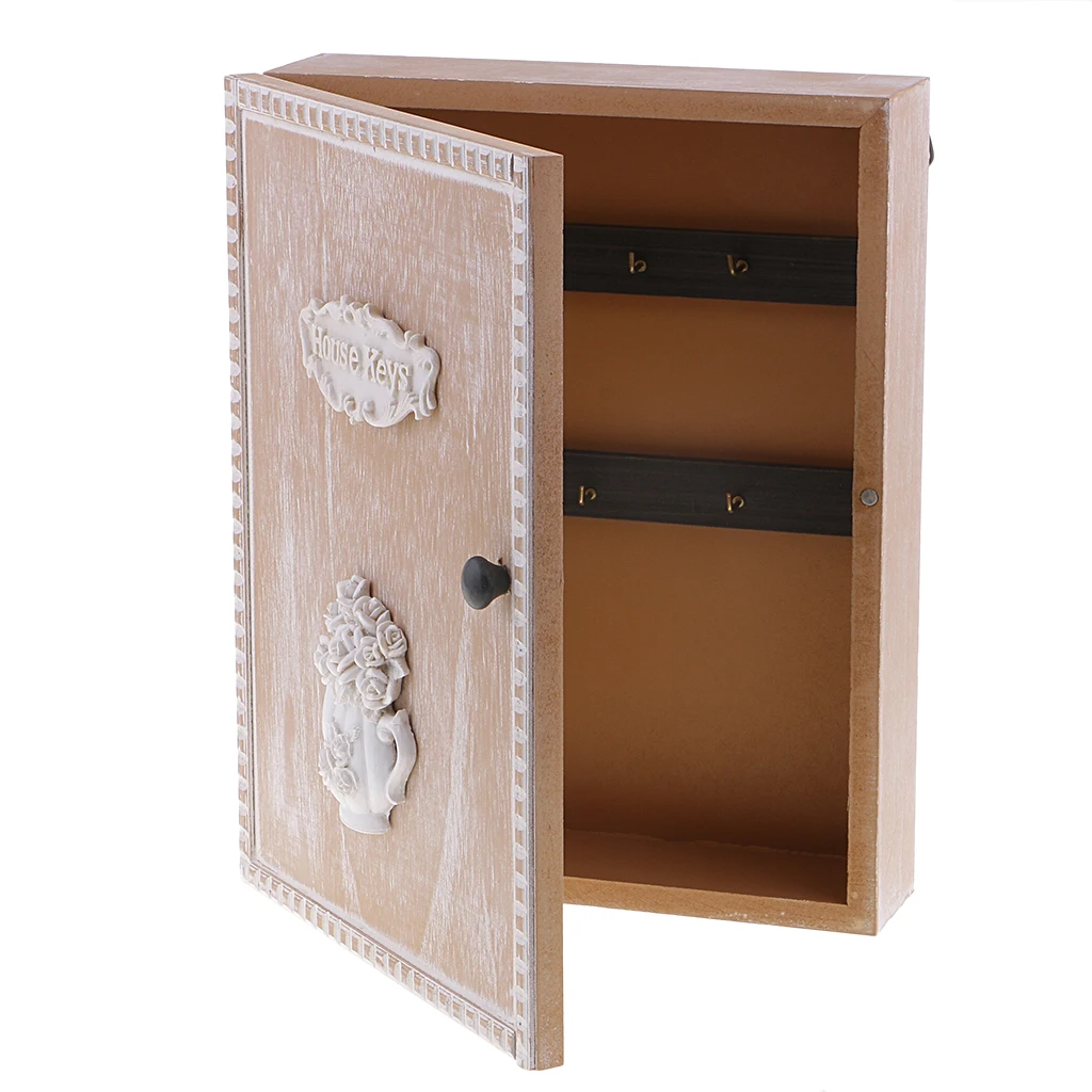 Shabby Chic Style Wooden Key Storage Box Wall Mount Shelf Cabinet Cupboard Rack with 6 Hooks Home Organizer for Letter