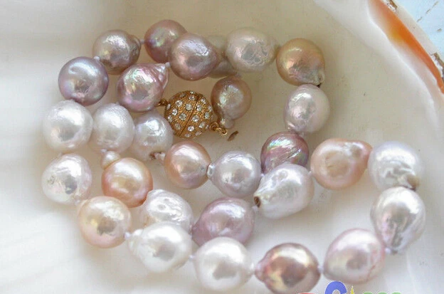 

HOT## Wholesale > lustre 17" 13mm white pink lavender almost round keshi reborn PEARL NECKLACE