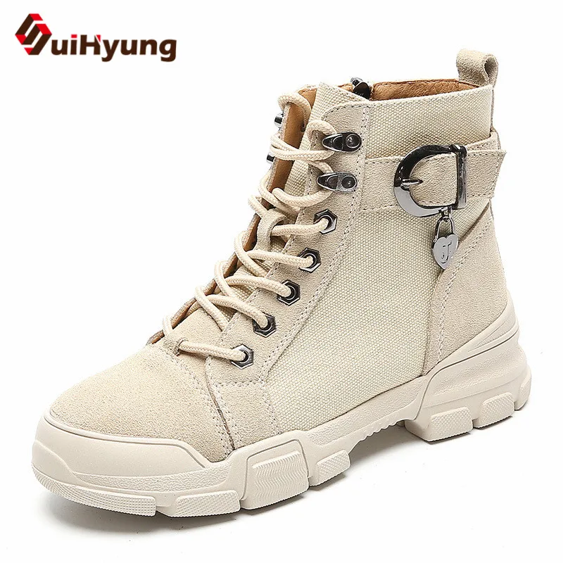 

Suihyung Vintage Martin Boots New Winter Warm Women's Shoes Cow Suede Lace-Up Platform Motorcycle Boots Ladies Low Heels Booties