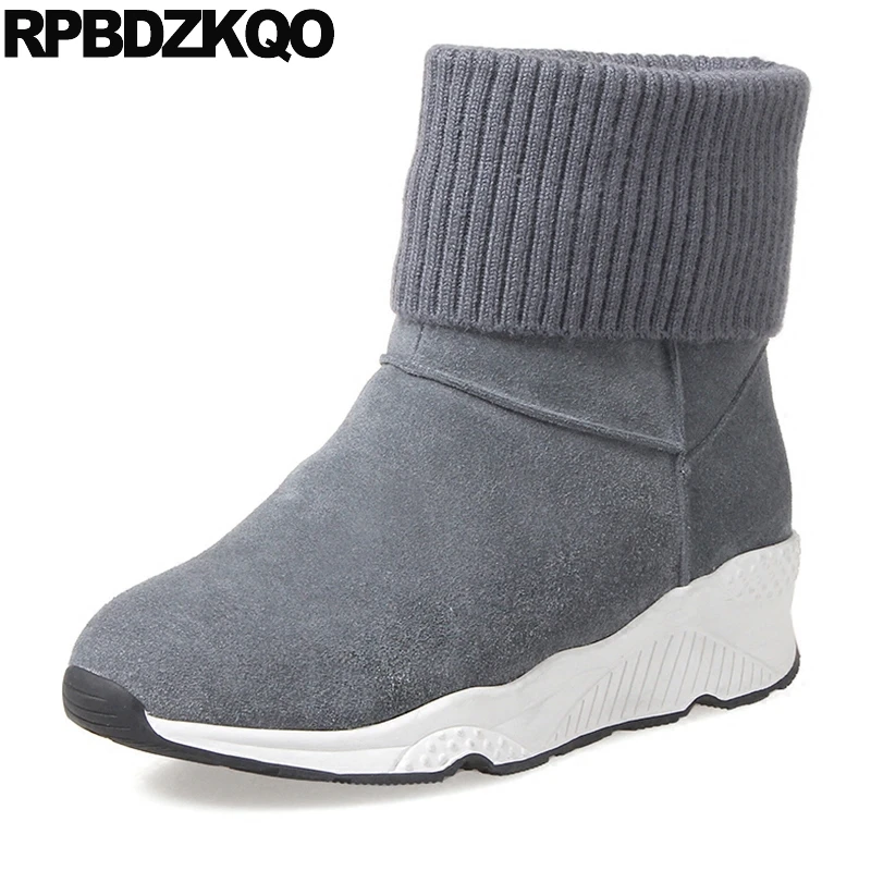 

Round Toe Short Casual Comfortable Ankle Winter Snow Boots Women Shoes Booties Fur Knit Flat Slip On Grey New Ladies Female