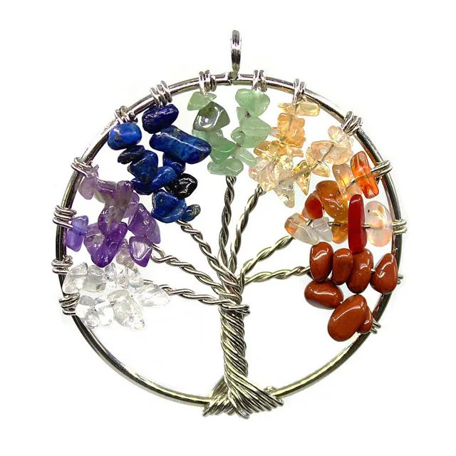 Wire Wrapped Eternal Tree of Life Tumbled Stone Beads Pendant 7 Chakras