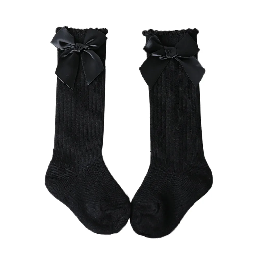 Носки для новорожденных Нескользящие новые детские гольфы с большим бантом для маленьких девочек, мягкие хлопковые кружевные детские носки meia infantil - Цвет: Черный
