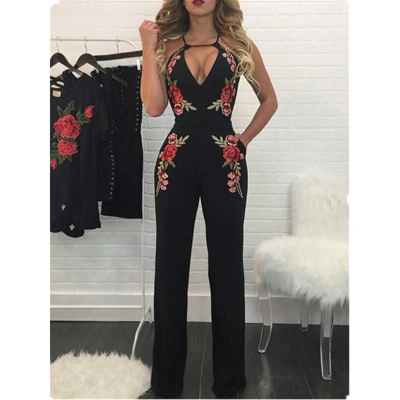 2017 Rompers Womens Jumpsuit Long Pants Black Sleeveless Flowers Hollow Out Backless Bodysuit Elegant Bandage Jumpsuits