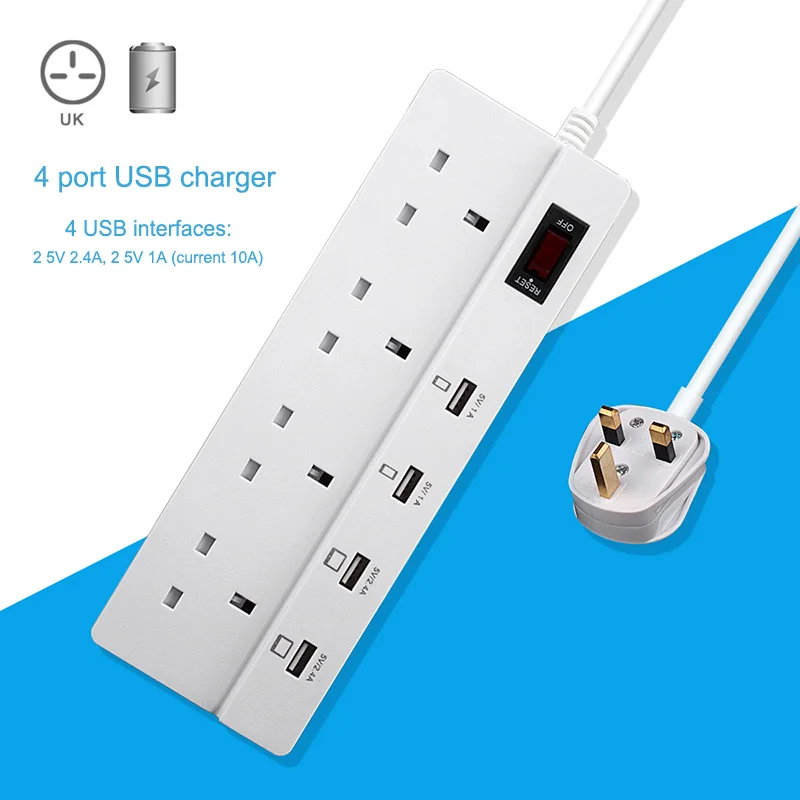 

4 USB Socket Power Strip With Switch Intelligent Charge Platooninsert Port Extension UK Adapter Sockets Plug CX8