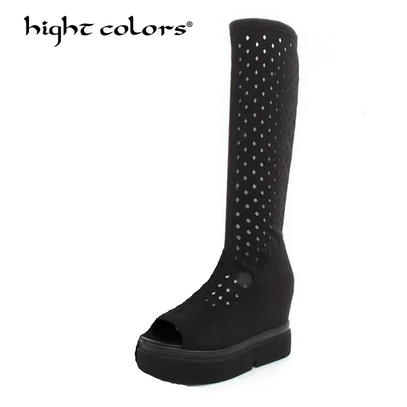 

HIGHT COLORS Hot Sale New 2019 Fashion Summer Hollow BLACK Women Long Boots Platform Fashion Cut Outs Ladies Dress Shoes ljm3616