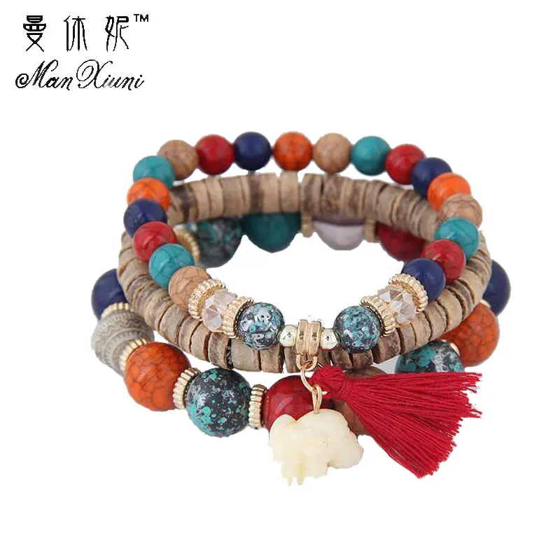 

2019 Cute Wood Bead Bohemia Elastic Charms Bracelets & Bangles Wooden Beads Bracelet Multilayers Pulseras Women