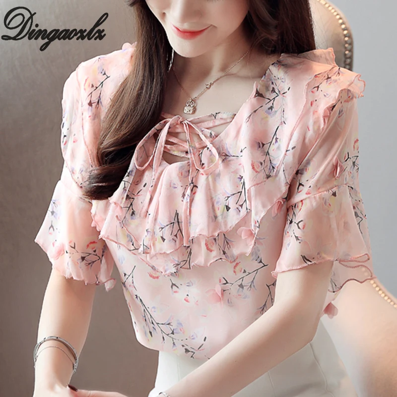 

Dingaozlz Short Sleeve Summer Tops for Women Flower Printed shirt New Fashion Bow tie Ruffles Casual Chiffon blouse