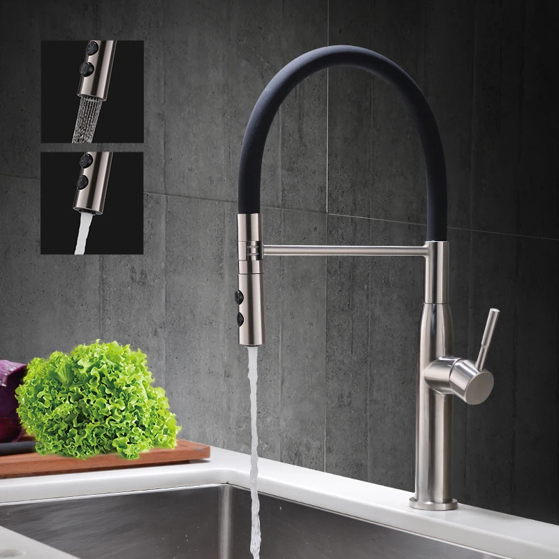 

Brushed Nickel Spring Kitchen Sink Faucet Sprayer Stream Spout Pull Down Kitchen Mixers Deck Mounted Hot and Cold Water Tap