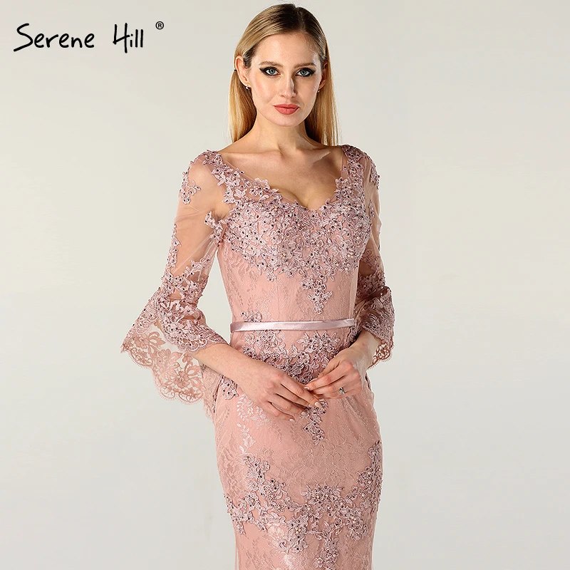 Розовое Кружевное бриллиантовое вечернее платье с длинным рукавом, длинное сексуальное вечернее платье с v-образным вырезом для женщин Serene hilm LA60710