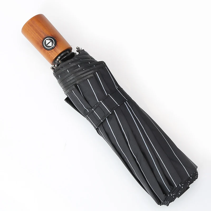 LIBERAINY полностью автоматическая модная деревянная ручка с защитой от ветра и дождя УФ трехслойный зонт в полоску - Цвет: black